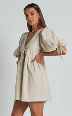 Rosita Mini Dress - Tie Front Puff Sleeve Dress In Stone