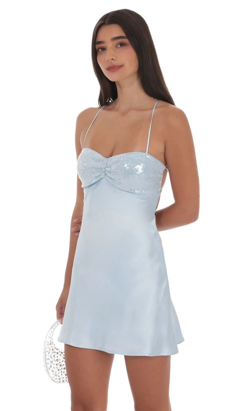 light blue satin mini dress Satin Sequin Bust Dress In Light Blue – LULUSKIES